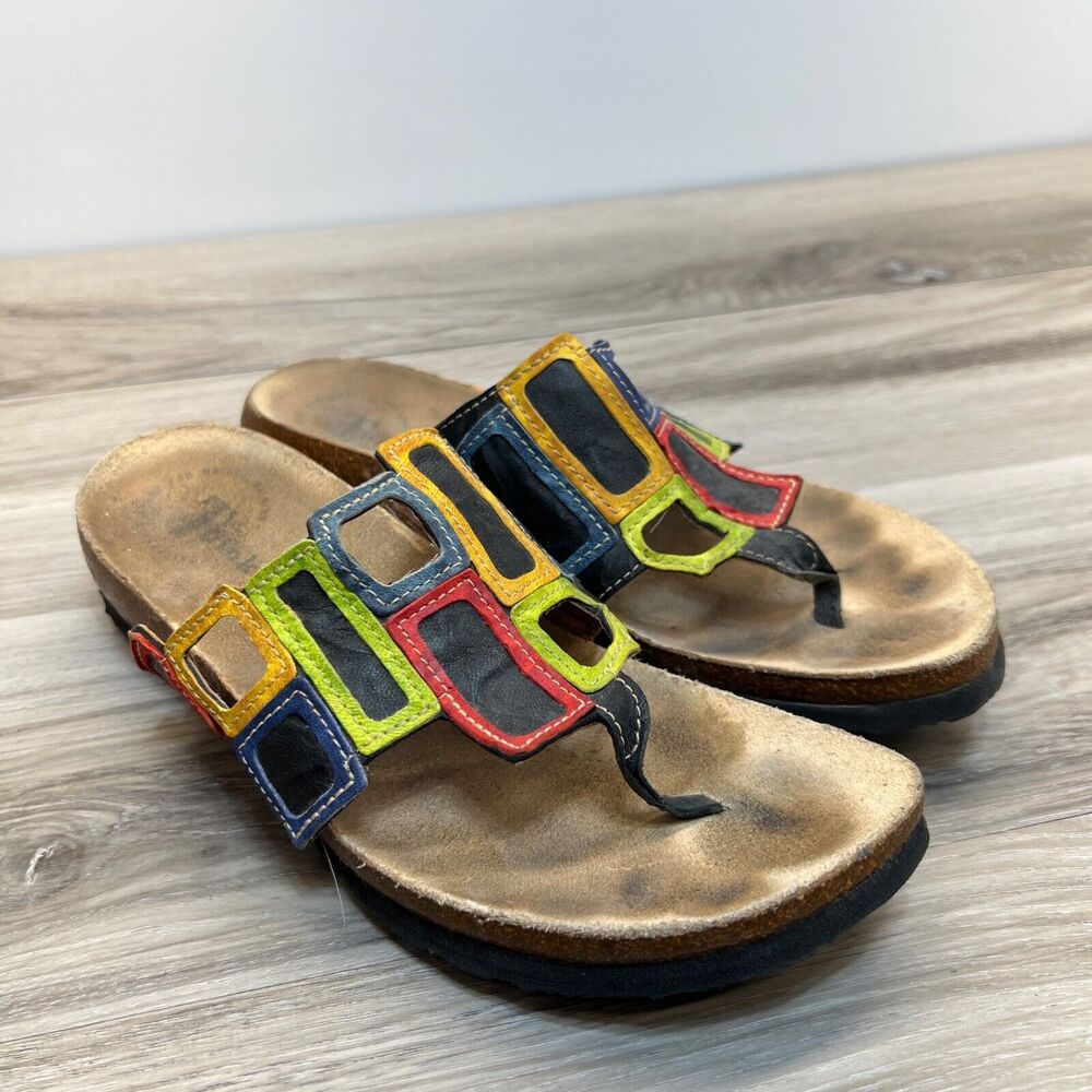 Think! Black Multicolor Leather Thong Sandals Sz‎ 38 EU US 7 Womens Rectangle